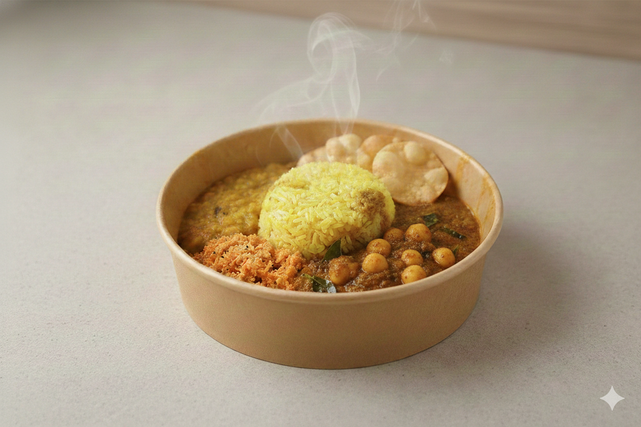 Vegan – Gelber Reis, Dhal-Curry (Linsen), Kichererbsen-Curry, Kokos-Sambal, Papadam