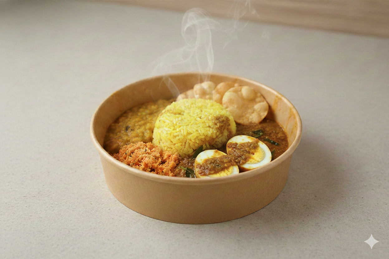 Vegetarischer Gelber Reis, Dhal-Curry (Linsen), Eiercurry, Kokos-Sambal, Papadam