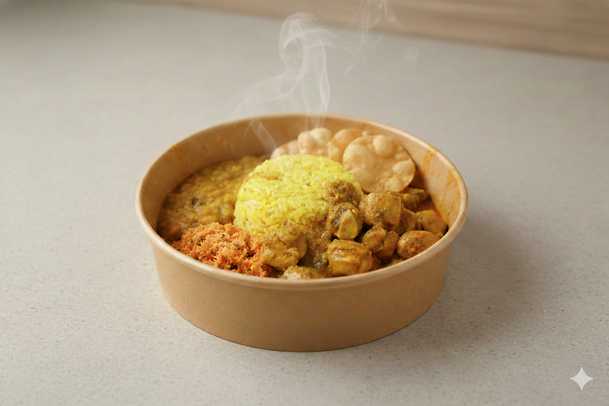 Nicht-vegetarisch – Gelber Reis, Hähnchen-Curry, Papadam
